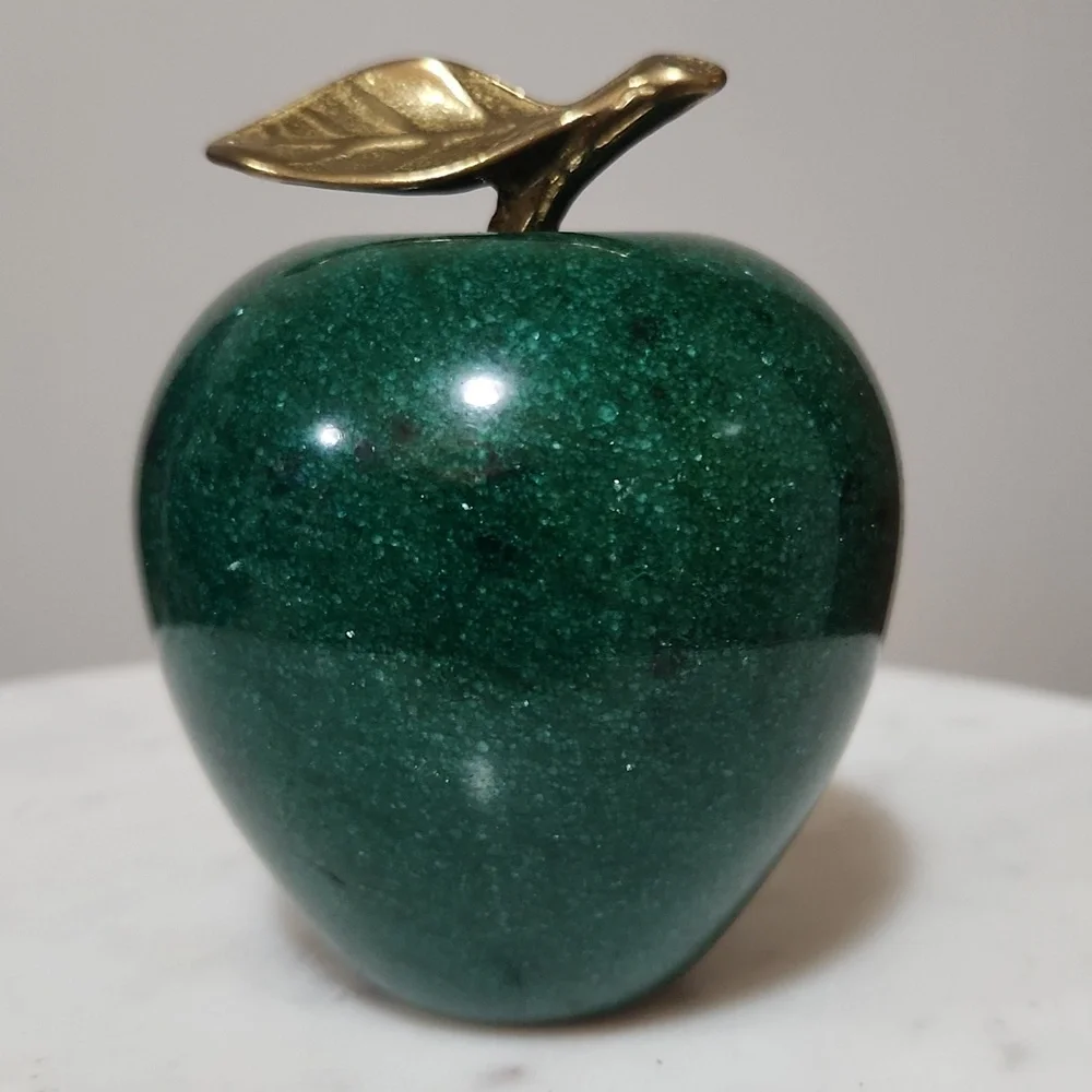 Green Marble Apple Sculpture Paperweight with Golden Brass Leaf
